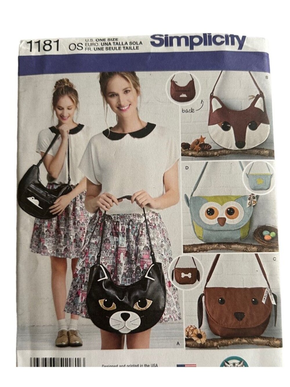 Simplicity 1181 Animal Tote Purse Cat Fox Dog Owl Fabric Art Sewing Pattern UC